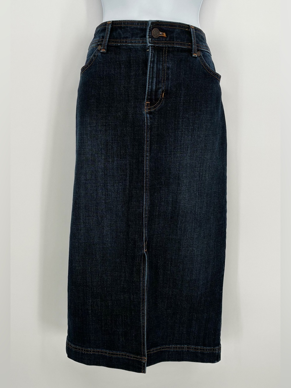 Talbots Dark Wash Denim Five Pocket Front Slit Midi Pencil Skirt Size 4